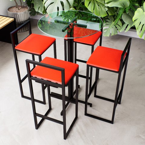 Conjunto Mesa Redonda Alta Vidro 4 Cadeiras Pequena Estofado Industrial Don Castro Decor