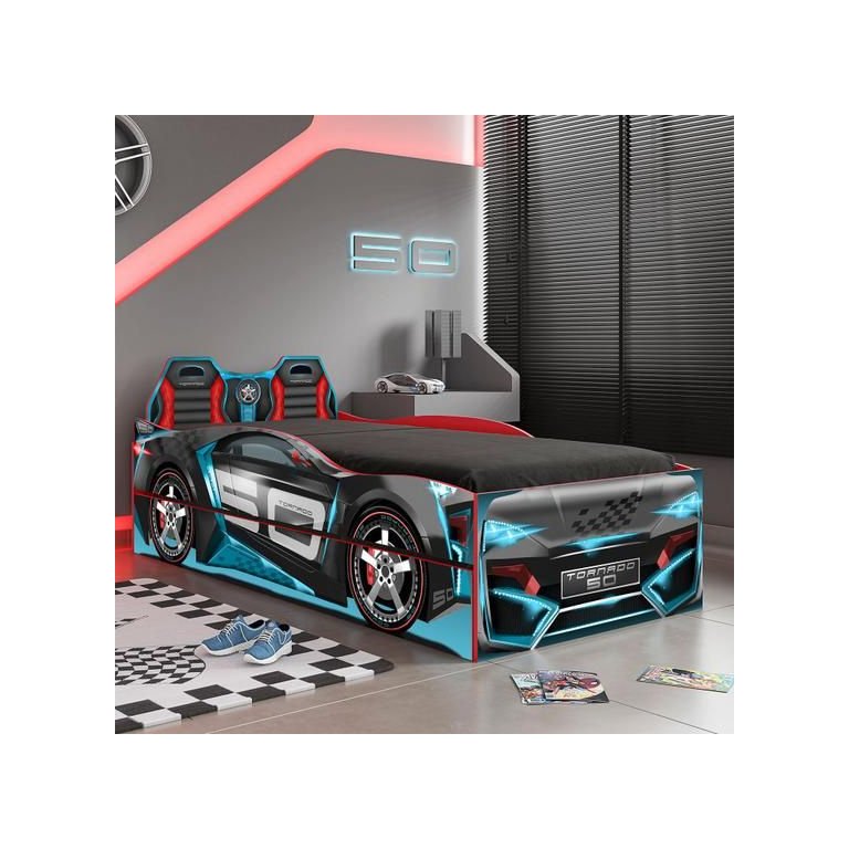 Bicama Infantil Carros Tornado Fun Preto Azul Pura Magia + Colchão Gazin