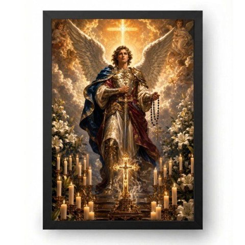 Quadro São Miguel Barroco com Luz Celestial 15x21cm Moldura Preta