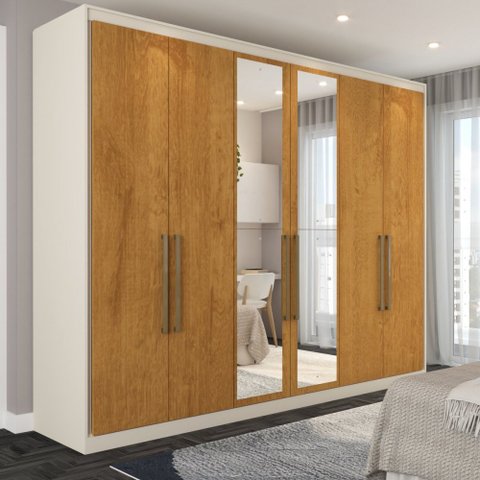 Guarda-roupa Casal Guarujá 6 Portas 6 Gavetas com Espelho 100% Mdf Off White/peroba - Panorama Móvei