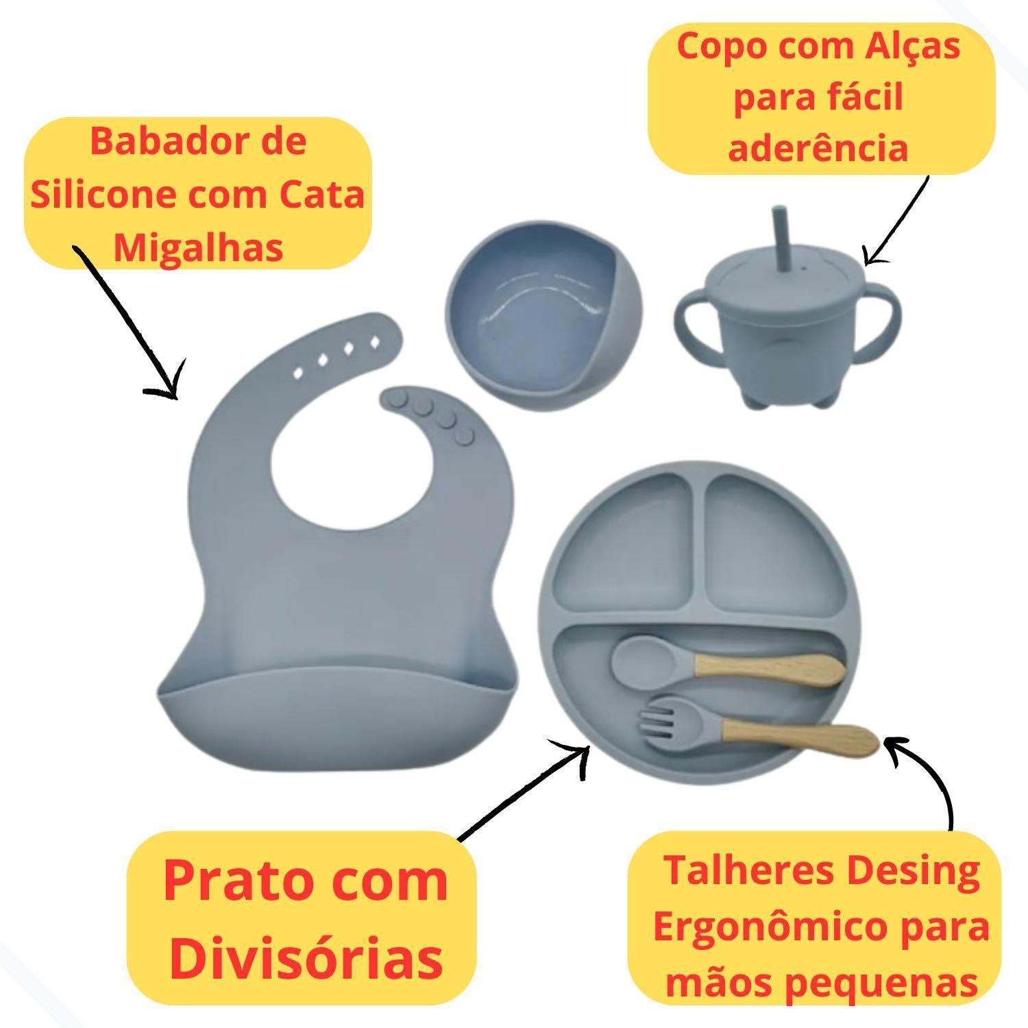 Kit Introdução Alimentar Bebê 6 Pçs Talher Silicone Cinza - 4