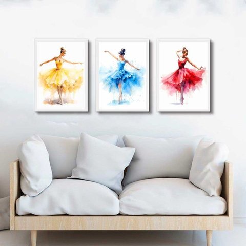 Kit 3 Quadros Decorativos Bailarinas Coloridas 24x18cm - com Vidro:moldura Branca