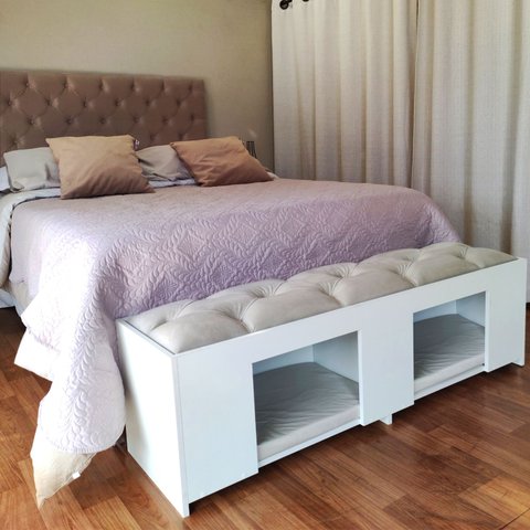 Recamier Pet Casinha Estofado Cama Box Mdf Branco Queen Capitonê Suede Liso Bege 157 X 40 X 37