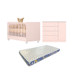 Conjunto Ideal para Bebê Berço Americano Cômoda Doce Sonho + Colchão Ortobom - Qmovi Rosa Acetinado - 1