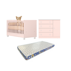 Conjunto Ideal para Bebê Berço Americano Cômoda Doce Sonho + Colchão Ortobom - Qmovi Rosa Acetinado