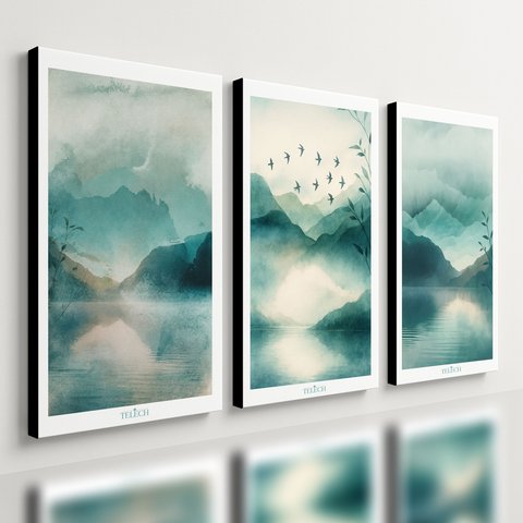 Kit 3 Quadro Decorativo Paisagem Azul Moderno Montanha Sala Qualidade Premium Luxo 40x28cm