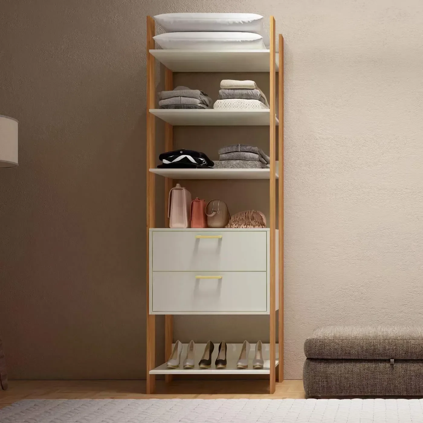 Guarda Roupa Closet Industrial Modulado 1 Peça 2 Gavetas 73,5cm 100% MDF Branco/Freijó/Off White