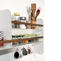 Porta Temperos em Aço Carbono Branco e Madeira C/ Porta Papel - 100cm Linha Home - 2