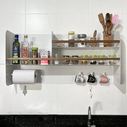 Porta Temperos em Aço Carbono Branco e Madeira C/ Porta Papel - 100cm Linha Home - 1