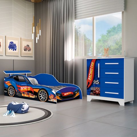 Jogo Quarto Infantil Carro Azul com Cama e Cômoda Personagens para Menino Criança MDF Completo