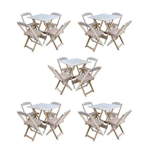 Kit 5 Jogos De Mesa Dobravel Com 4 Cadeiras De Madeira 70X70 Para Restaurante E Bar - Sem Pintura