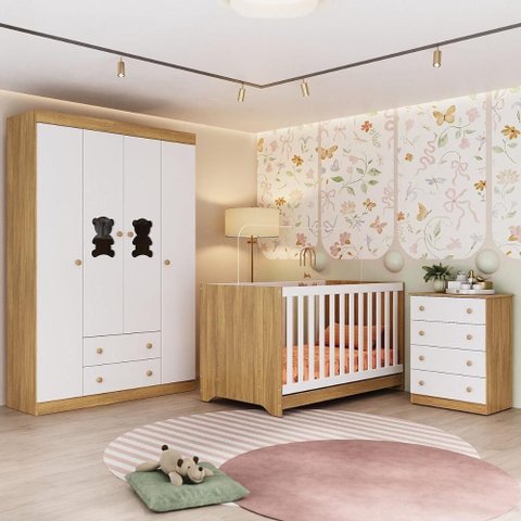 Quarto de Bebê Completo com Berço Americano 3 em 1 Teddy Multimóveis Mp4648 Madeirado/branco