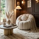 Ver imagem 3 de Kit Poltrona Decorativa Concha c/Almofada e Puff Boucle Bege Abobora - Vimont Moveis
