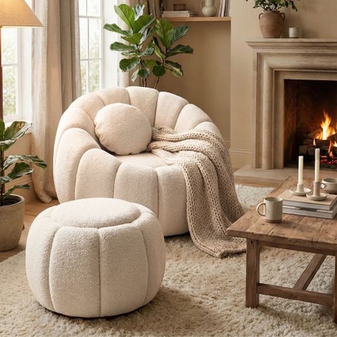 Kit Poltrona Decorativa Concha c/Almofada e Puff Boucle Bege Abobora - Vimont Moveis