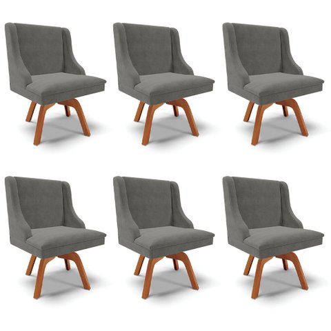 Kit 6 Cadeiras Decorativas Sala de Jantar Base Giratória de Madeira Firenze Suede Grafite/Natural G1