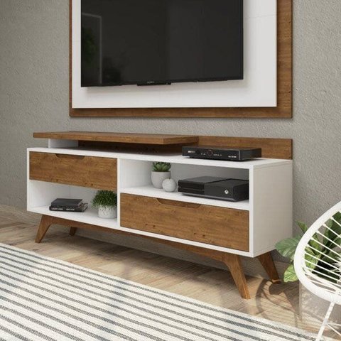 Rack para TV até 55 Polegadas MDF 150cm Pés em Madeira Maciça 2 Gavetas Club Branco