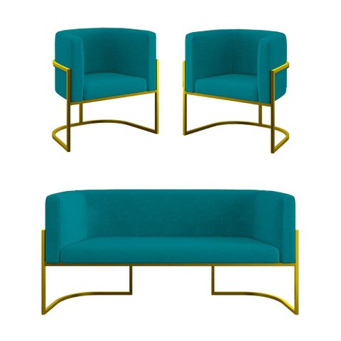 Kit Sofá 2 Lugares + 2 Poltronas para Recepção – Balaqui Cor:azul Turquesa