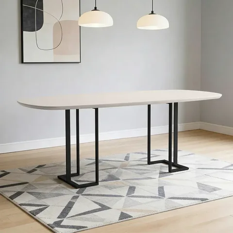 Mesa de Jantar 8 Lugares Retangular Orgânico com Vidro 200cm Pés Industrial Alina N01 Off White