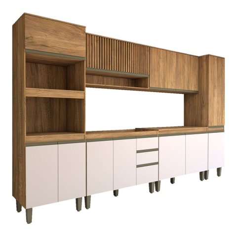 Cozinha Completa Modulada 12 Portas 3 Gavetas Ripado Freijó/off White - Panorama Móveis