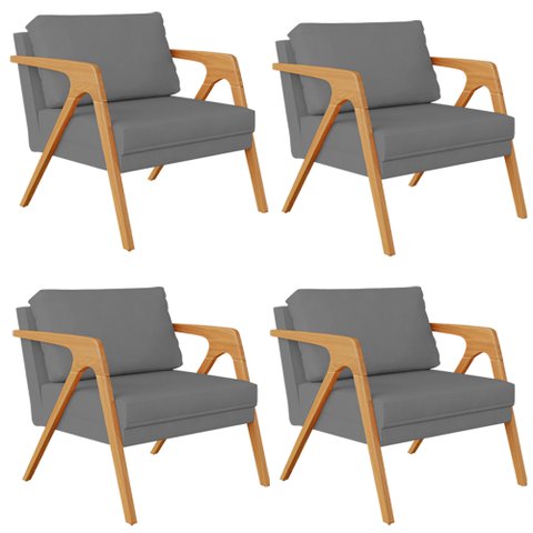 Kit 4 Poltronas Decorativa para Sala Estar Pietra Estrutura de Madeira L02 Suede Cinza - Lyam