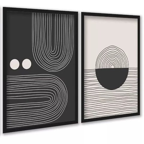 Kit 2 Quadros Formas Abstratos Linhas Preto e Bege 24x18cm:moldura Preta