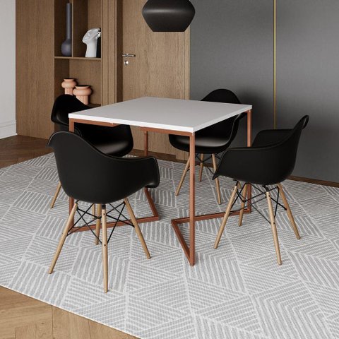 Mesa Industrial Jantar Branca Quadrada 90cm Base Cobre V com 4 Poltronas Pretas Madeira Marrom