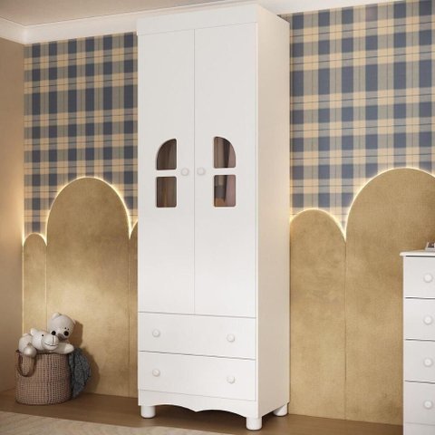 Guarda-roupa Infantil 62cm 2 Portas com Vidro e 2 Gavetas Aurora Multimóveis Mp4496 Branco