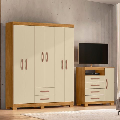 Guarda-Roupa Casal 6 Portas 2 Gavetas e Cômoda Sapateira 4 Gavetas Itapema Off White/Carvalho Americano