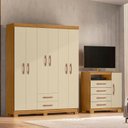 Ver imagem 1 de Guarda-Roupa Casal 6 Portas 2 Gavetas e Cômoda Sapateira 4 Gavetas Itapema Off White/Carvalho Americano