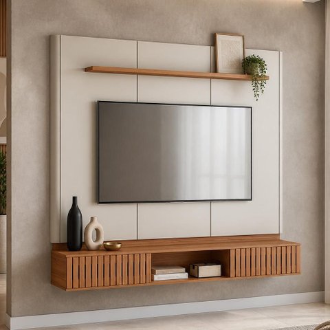 Painel para TV 70 pol com Bancada Suspensa 183cm Vox L05 Canela Off White Fosco - Lyam Decor