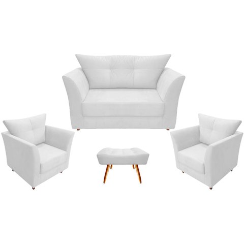 Kit Namoradeira + 2 Poltronas Decorativa Isis + 1 Puff Retangular Couro Branco Pés Madeira Mz Decor