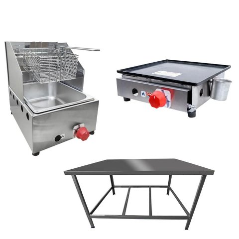Kit Lanchonete Mesa de Manipulação 100x55cm + Fritadeira a Gás 1 Cuba + Chapa a Gás 30cm