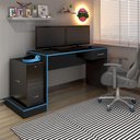 Ver imagem 4 de Escrivaninha Mesa Escritório Gamer com Suporte para Gabinete, Mesa para Computador 1 Gaveta 160,5cm Preto e Azul