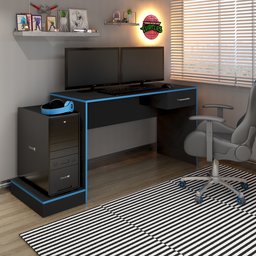 Escrivaninha Mesa Escritório Gamer Com Suporte para Gabinete, Mesa para Computador 1 Gaveta 160,5cm Preto E Azul - 4 Escrivaninha Mesa Escritório Gamer Com Suporte para Gabinete, Mesa para Computador 1 Gaveta 160,5cm Preto E Azul - 4