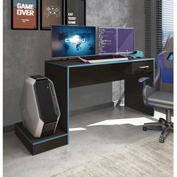 Escrivaninha Mesa Escritório Gamer Com Suporte para Gabinete, Mesa para Computador 1 Gaveta 160,5cm Preto E Azul - 1 Escrivaninha Mesa Escritório Gamer Com Suporte para Gabinete, Mesa para Computador 1 Gaveta 160,5cm Preto E Azul - 1