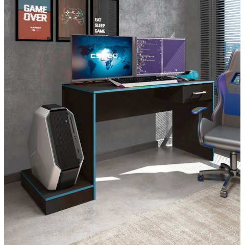 Escrivaninha Mesa Escritório Gamer com Suporte para Gabinete, Mesa para Computador 1 Gaveta 160,5cm Preto e Azul