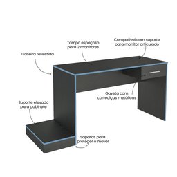 Escrivaninha Mesa Escritório Gamer Com Suporte para Gabinete, Mesa para Computador 1 Gaveta 160,5cm Preto E Azul - 6 Escrivaninha Mesa Escritório Gamer Com Suporte para Gabinete, Mesa para Computador 1 Gaveta 160,5cm Preto E Azul - 6
