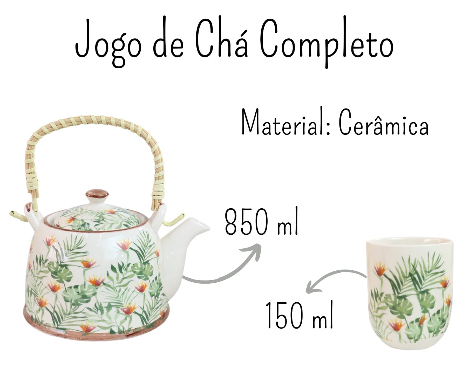 Bule Chaleira Cerâmica Oriental Decorativa com 6 Copos e Infusor Estampa 19 - 6