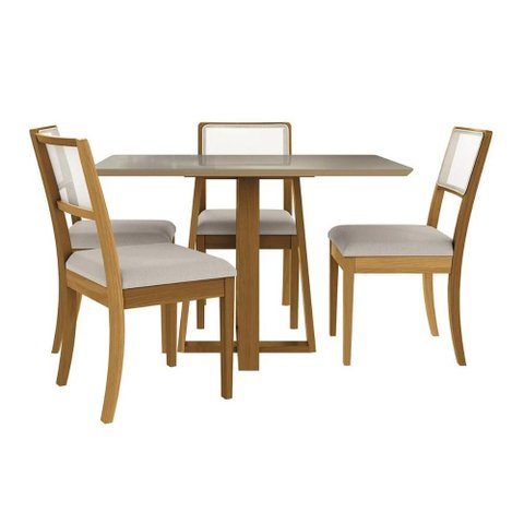 Mesa Cozinha Elma Premium Madeira Maciça C/ Tampo Madeirado C/ Vidro 120x80cm e 4 Cadeiras Lola