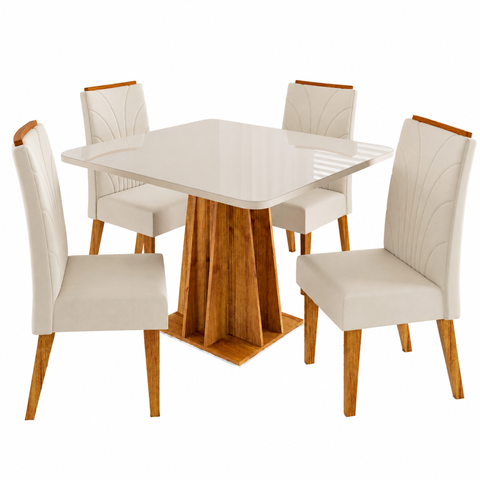 Conjunto Sala de Jantar 4 Lugares Quadrado Tampo de Vidro/MDF Polonia Cobre/Off White/Bege - Casa Gi