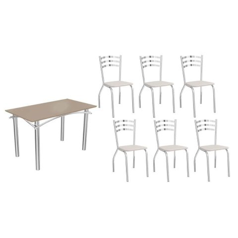 Conjunto: Mesa de Cozinha Elba Tampo Madeirado C/ Vidro 120cm e 6 Cadeiras Portugal Cromada/freijo