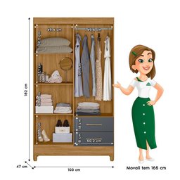 Guarda Roupa Solteiro 103x182cm Chile Moval Freijó Cinza - 4