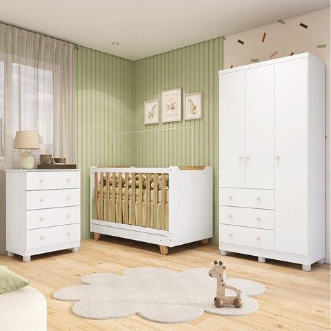 Quarto de Bebê com Guarda-Roupa 3 Portas Cômoda e Berço 4EM1 Minicama 100% MDF Mike Espresso Móveis
