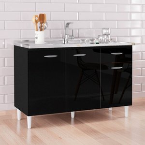 Balcão de Cozinha com Pia Inox 120cm 3 Portas Classic P11 Preto - Mpozenato