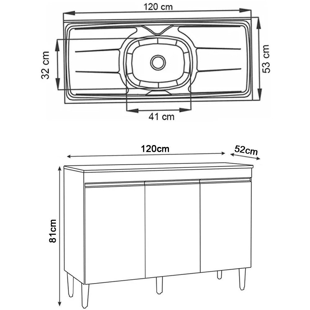 Balcão de Cozinha com Pia Inox 120cm 3 Portas Classic P11 Preto - Mpozenato - 4