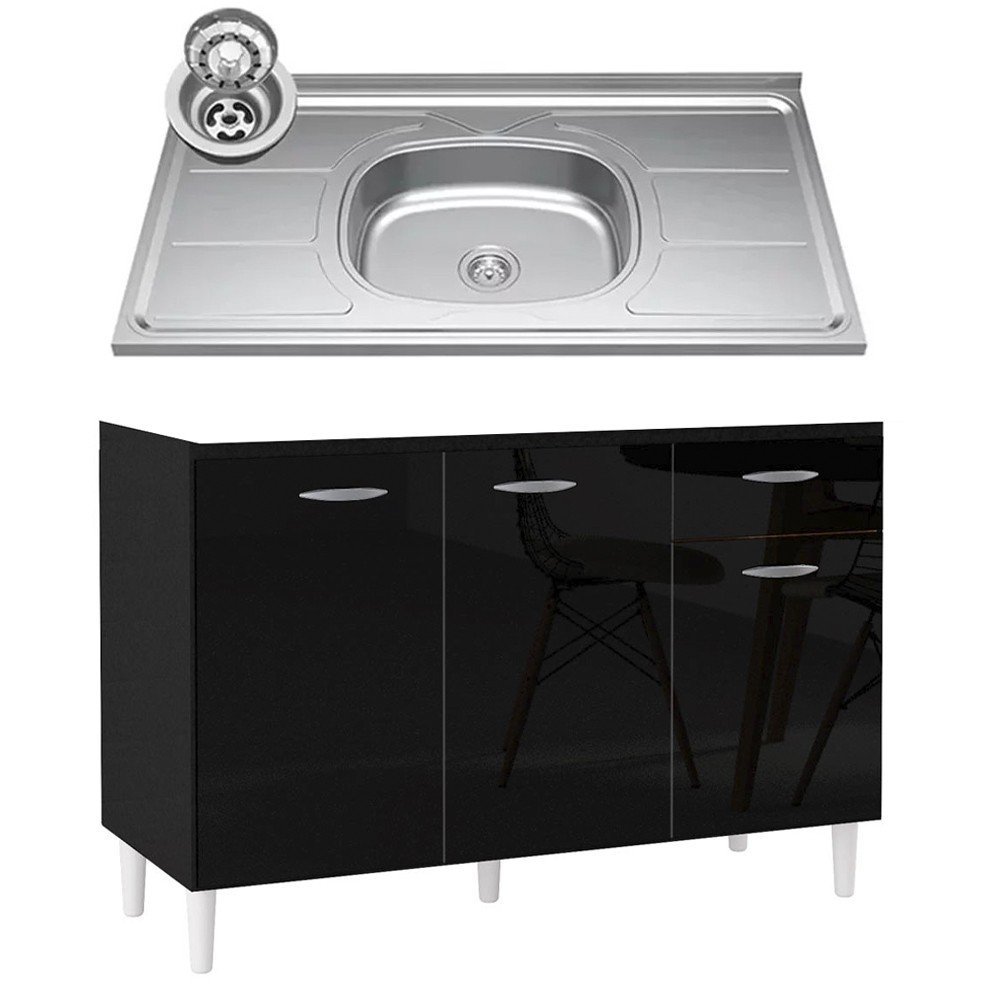 Balcão de Cozinha com Pia Inox 120cm 3 Portas Classic P11 Preto - Mpozenato