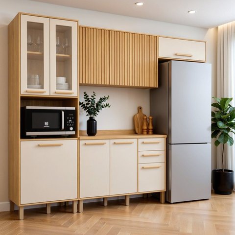 Cozinha Completa Modulada 4 Peças 10 Portas 2 Gavetas Salvador Bege/Cinamomo/Off White