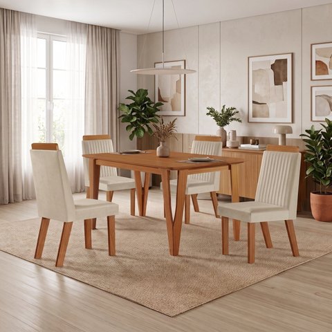Conjunto Sala de Jantar Mesa Elos 1,35x0,90 Tampo Amadeirado 4 Cadeiras Riviera Cinamomo/Creme