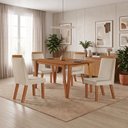 Ver imagem 1 de Conjunto Sala de Jantar Mesa Elos 1,35x0,90 Tampo Amadeirado 4 Cadeiras Riviera Cinamomo/Creme