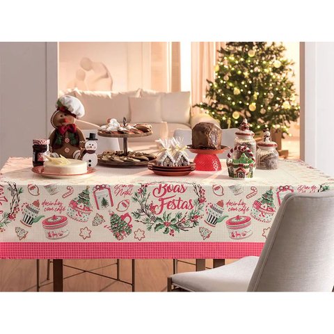 Toalha de Mesa Retangular Estampada Natal 6 Lugares 1,40m x 2,10m - Karsten - Enfeites Natal